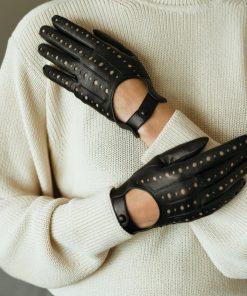 Classic Men’s Perforated Black Leather Driving Gloves Retro Style Full Finger Racing Mittens High-Quality Soft Unlined