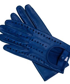 Classic Perforated Blue Leather Driving Gloves – Vintage Style Soft Genuine Sheepskin Gloves – Elegant Breathable Racing Apparel