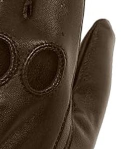 Classic Retro Brown Leather Racing Gloves – Professional Perforated Design – Soft Grain Genuine Leather Apparel with Snap Button