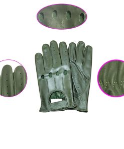 Forest Green Leather Driving Gloves Full Finger Perforated Design Unisex All Seasons Orren International