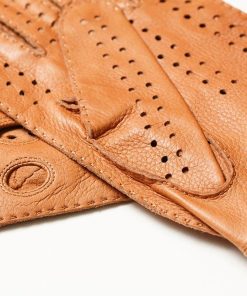 Premium Cognac Tan Genuine Leather Driving Gloves – Breathable Perforated Sheepskin Racing Gloves – Luxury Knuckle Hole Design