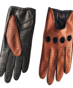 classic Cognac and Black Leather Driving Gloves – Professional Perforated Racing Design – Soft Genuine Sheepskin Apparel